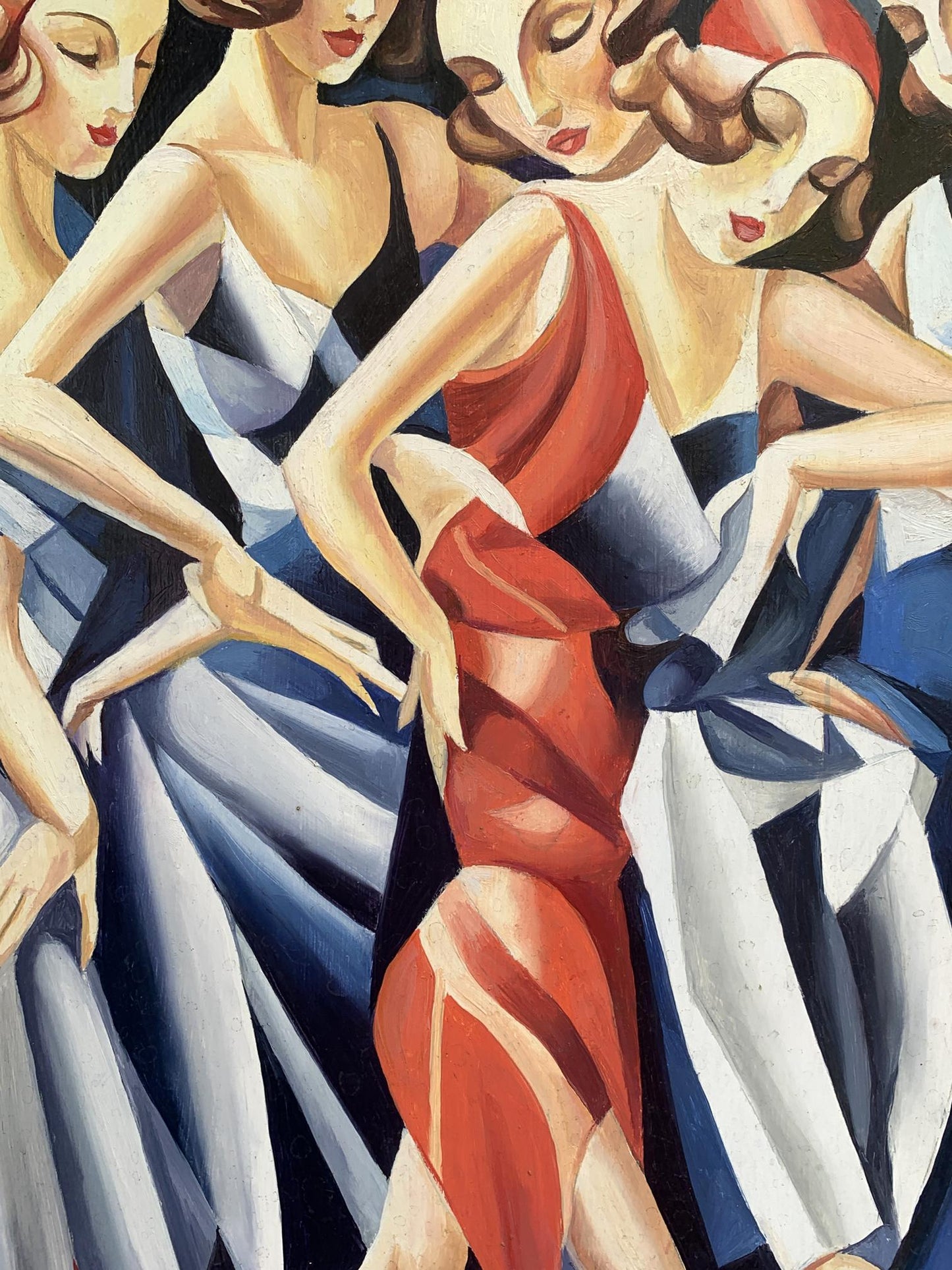 Vibrant red draped dress on stylized dancer in Franz Metzinger-inspired art deco oil painting