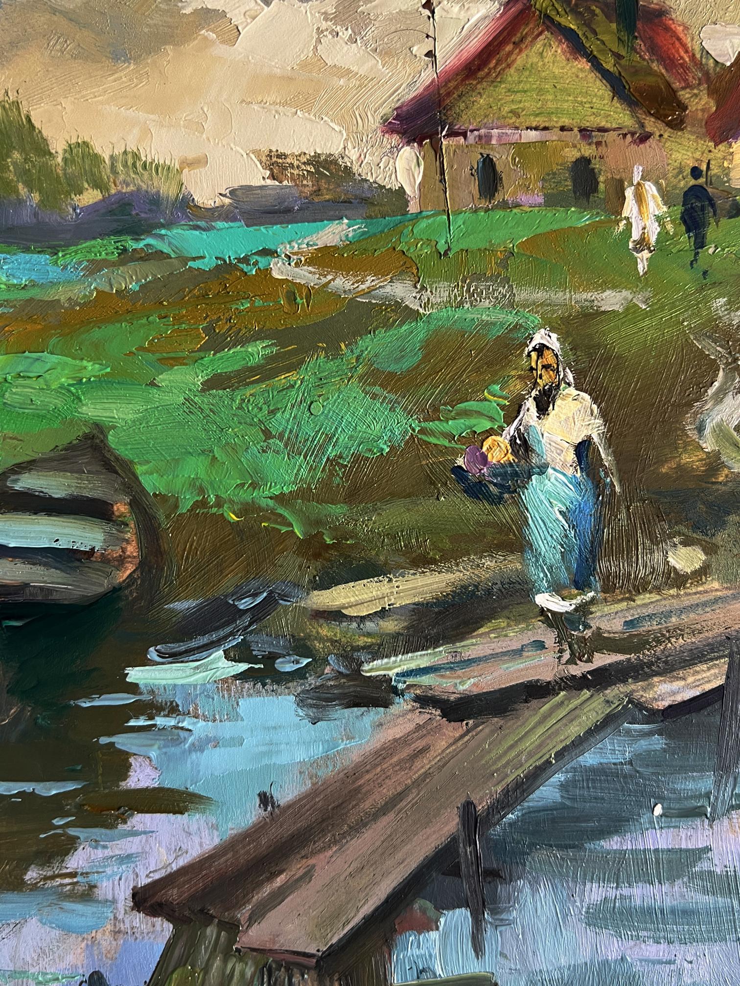Oil painting of village river with woman on wooden bridge by Yuriy Suprunchuk