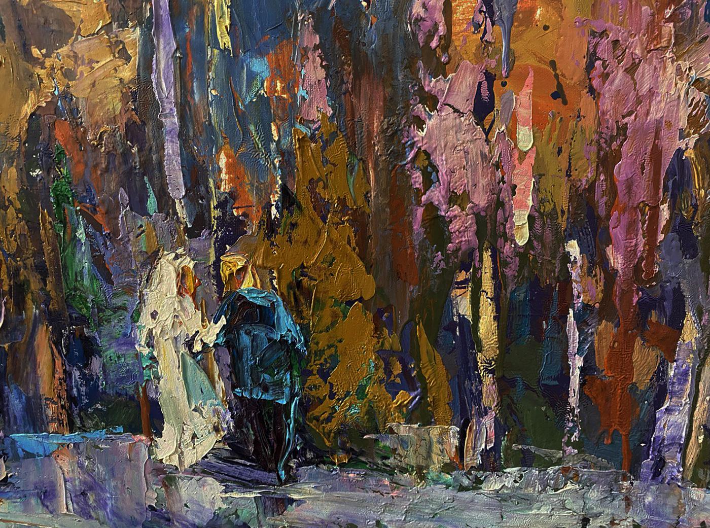 Vibrant abstract oil painting At the Obelisk by Oksana Ivanyuk in purples and golds