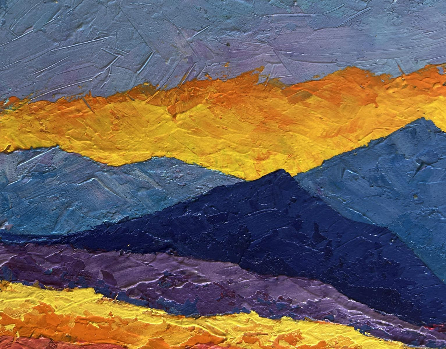 Oil painting of big mountains and sunset by V. Zadorozhnya