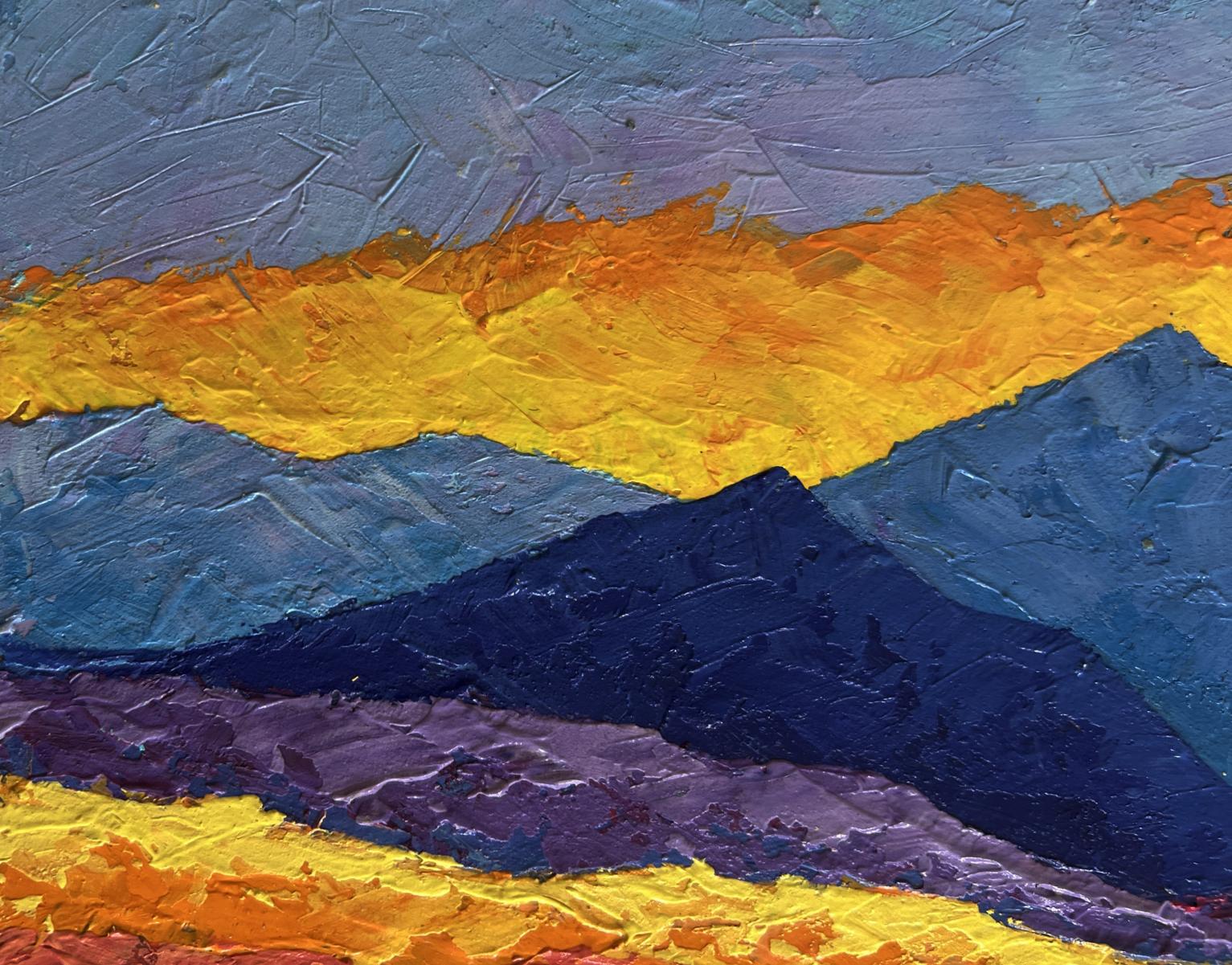 Oil painting of big mountains and sunset by V. Zadorozhnya