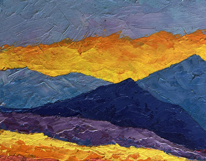 Oil painting of big mountains and sunset by V. Zadorozhnya
