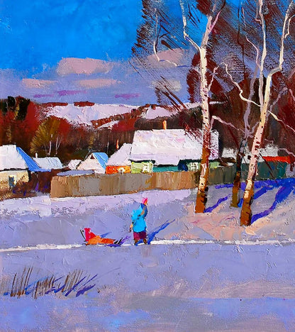 Oil painting January in the city by Egor Shvachunov: vibrant winter village