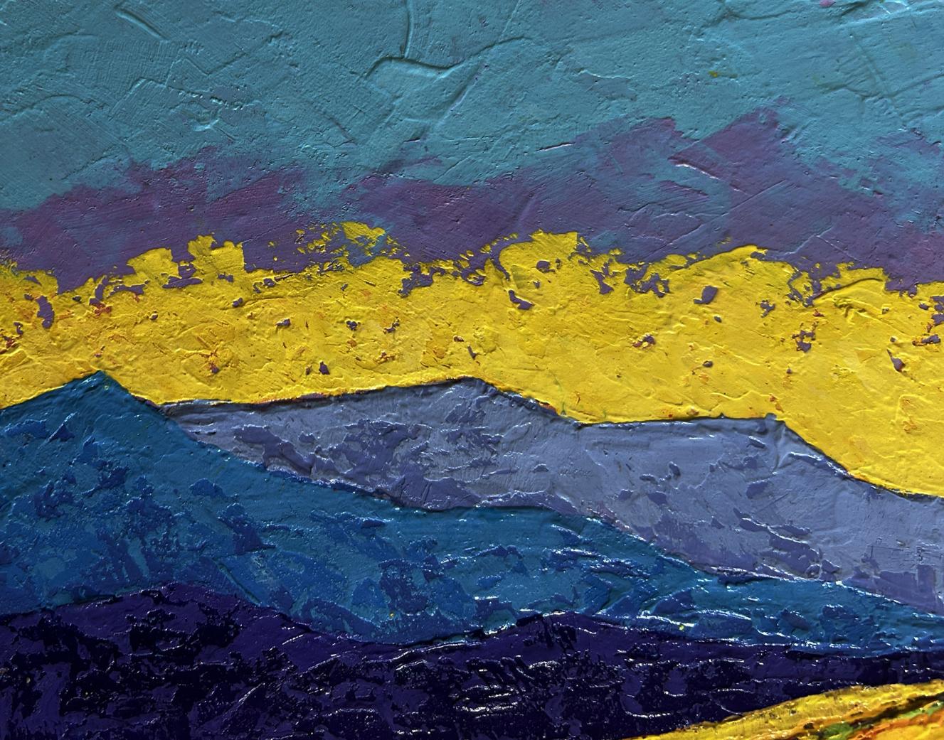 Oil painting The last ray of sunshine V. Zadorozhnya with teal purple yellow bands over blue mountains