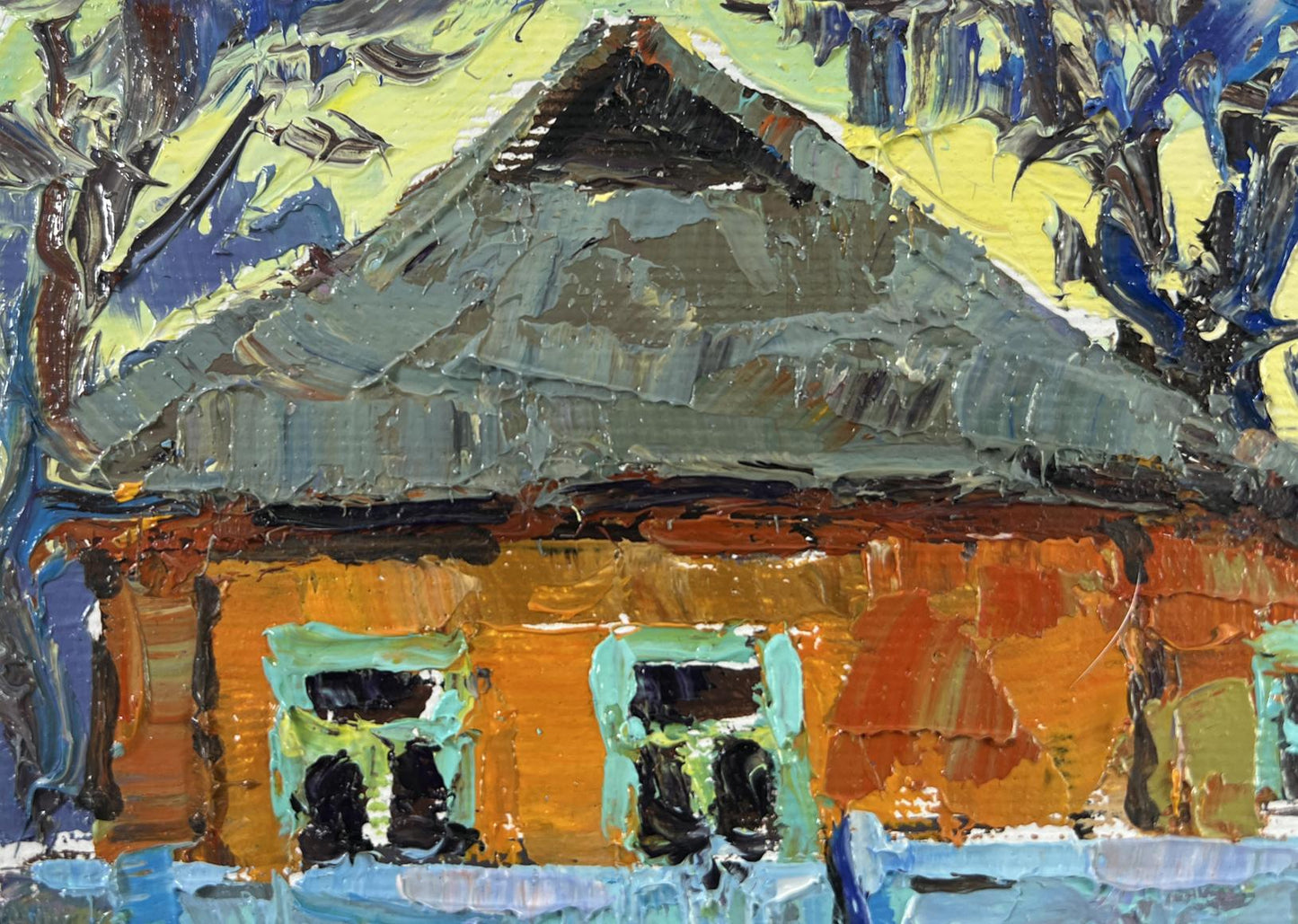 Oil painting Quiet Village Days by Oksana Ivanyuk: vibrant rustic house