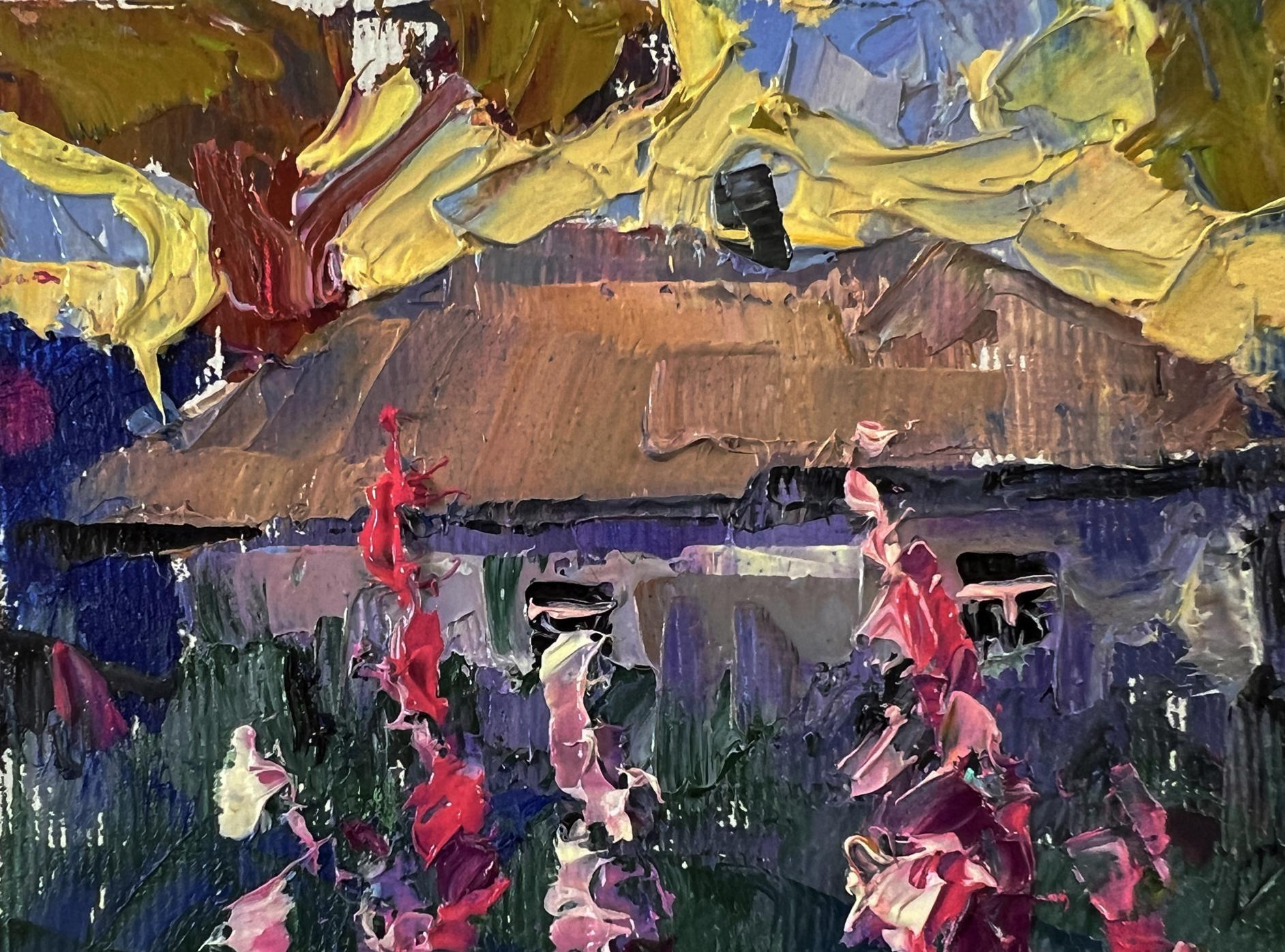 Oil painting Evening cold by Oleksiy Ivanyuk, vibrant rustic house