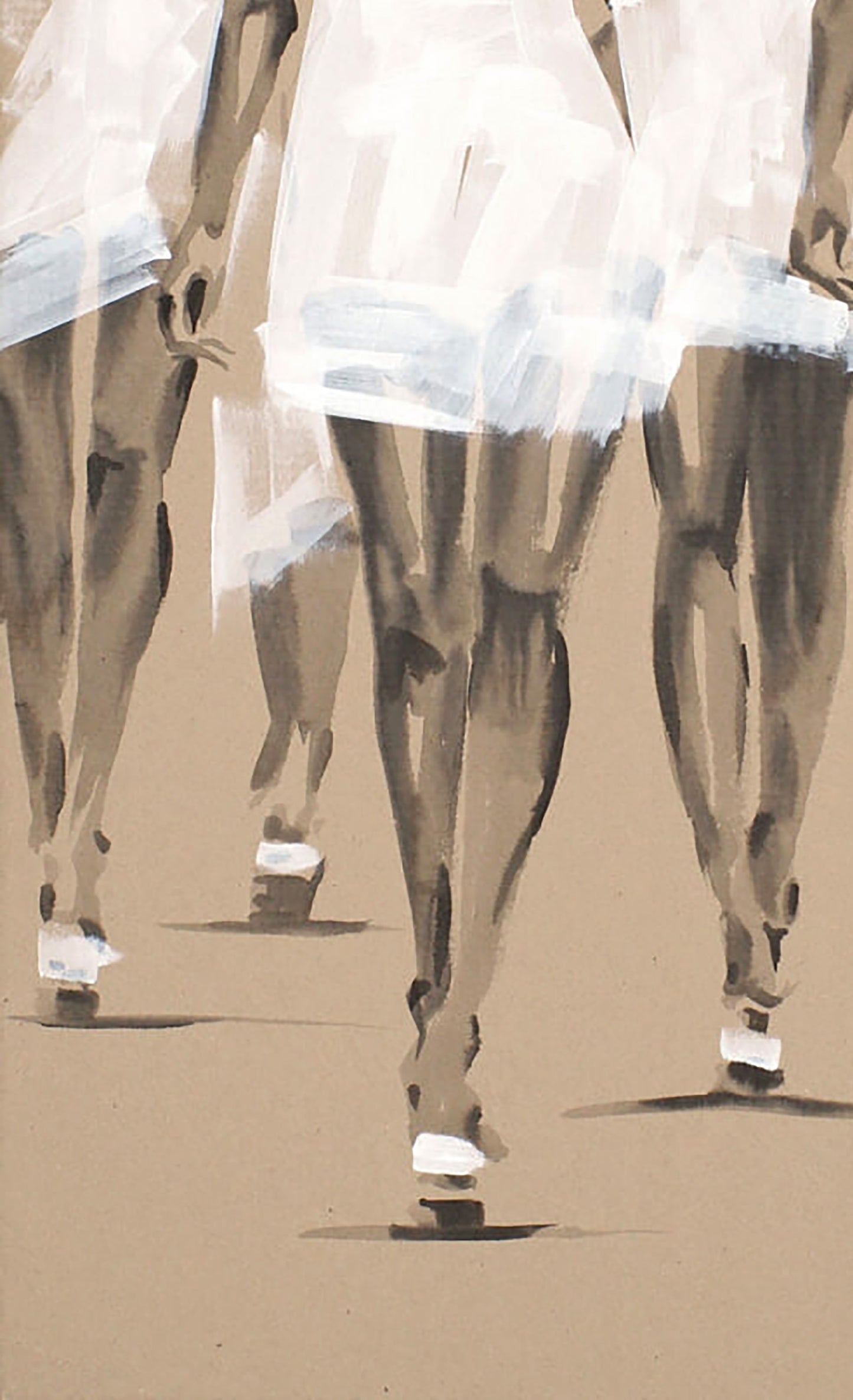 Stylized acrylic painting March by Dima Filatov: legs in white skirts on beige surface