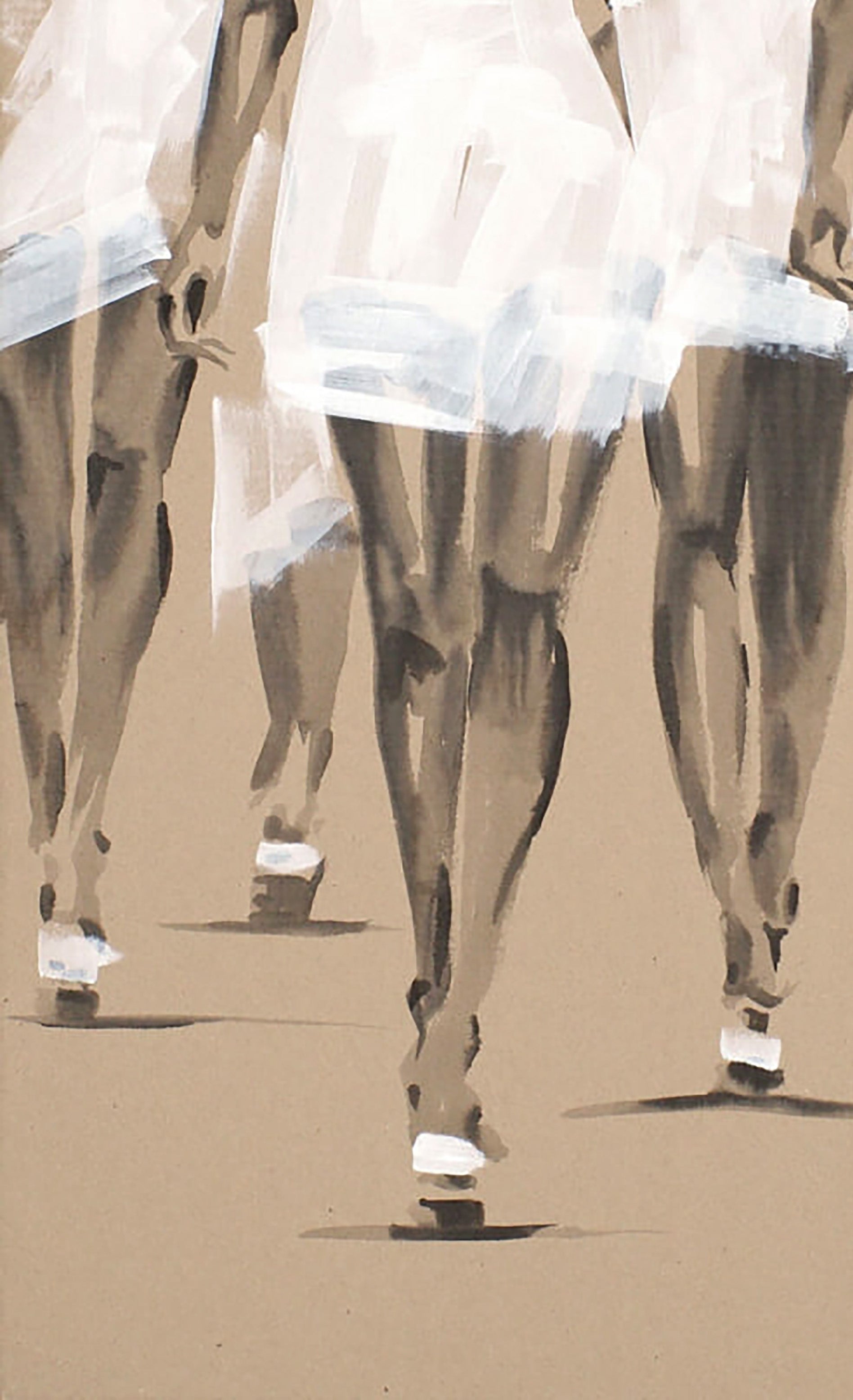 Stylized acrylic painting March by Dima Filatov: legs in white skirts on beige surface