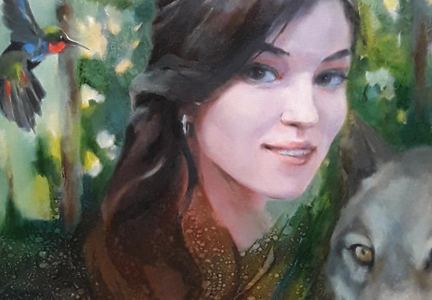 Oil painting portrait of woman by Vasily Korkishko, lush green background
