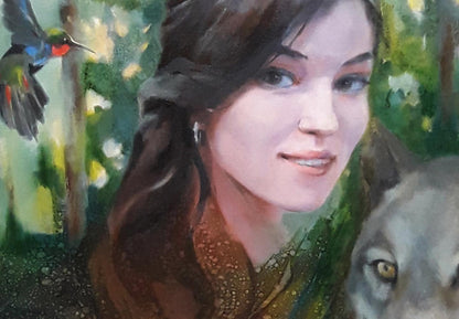 Oil painting portrait of woman by Vasily Korkishko, lush green background