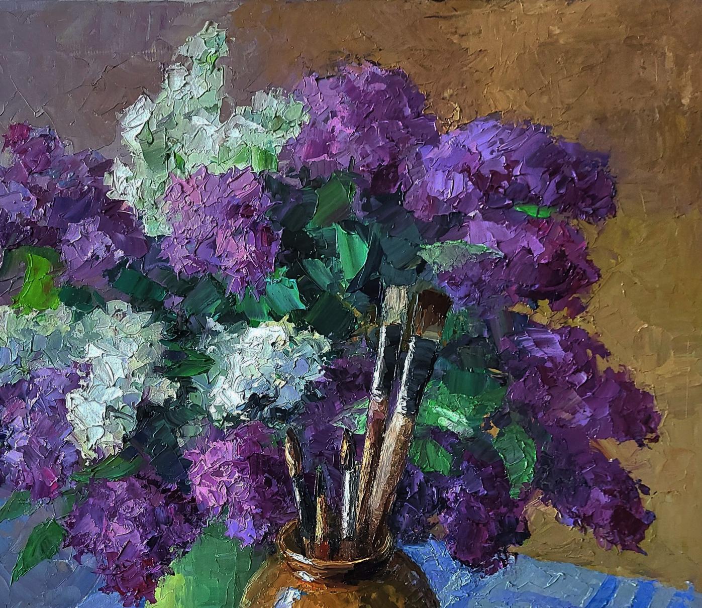 Oil painting of purple white lilacs in rustic vase by Boris Serdyuk