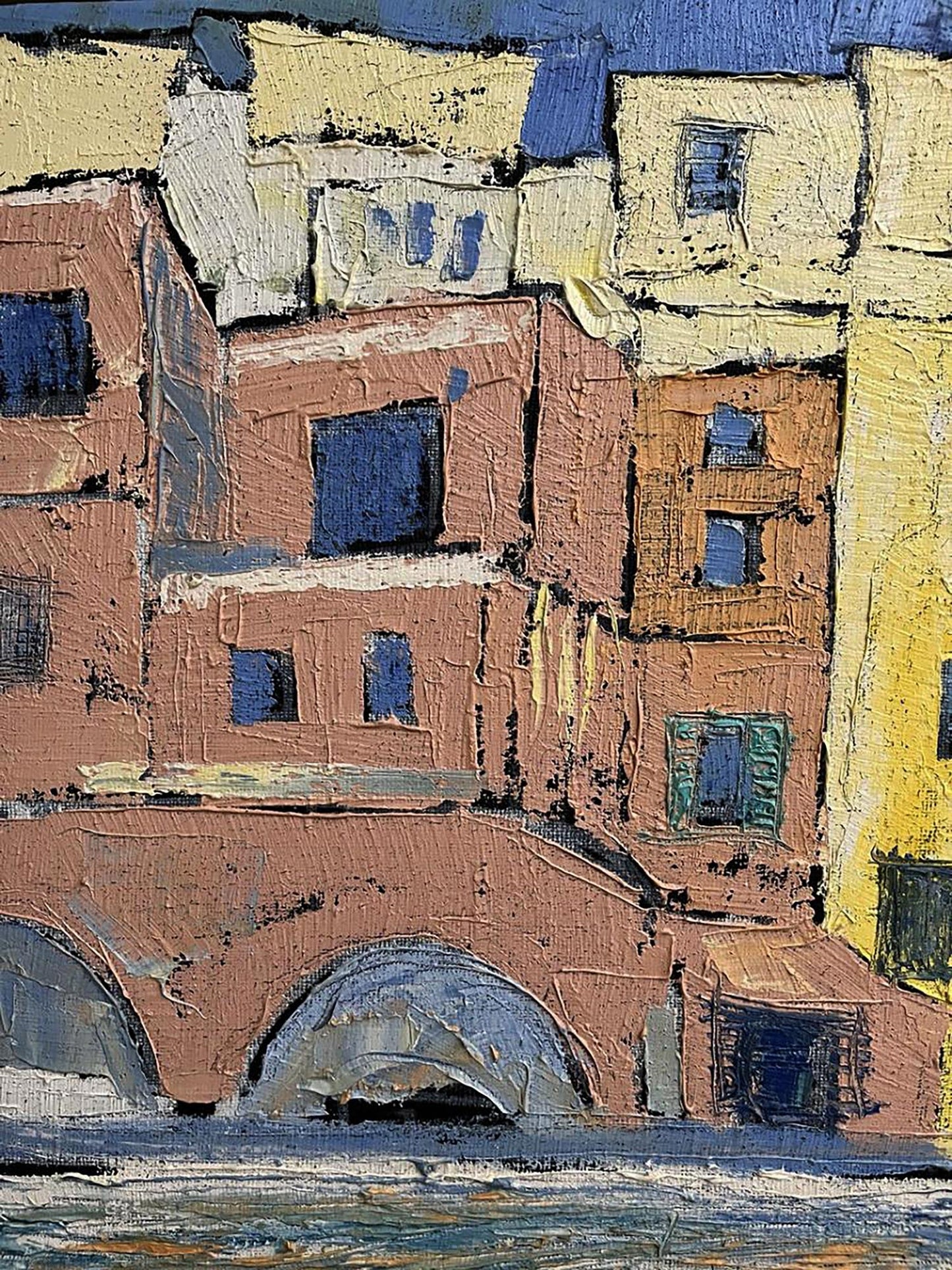 Oil painting Dark Light by Serhiy Kovalev: sunlit European town