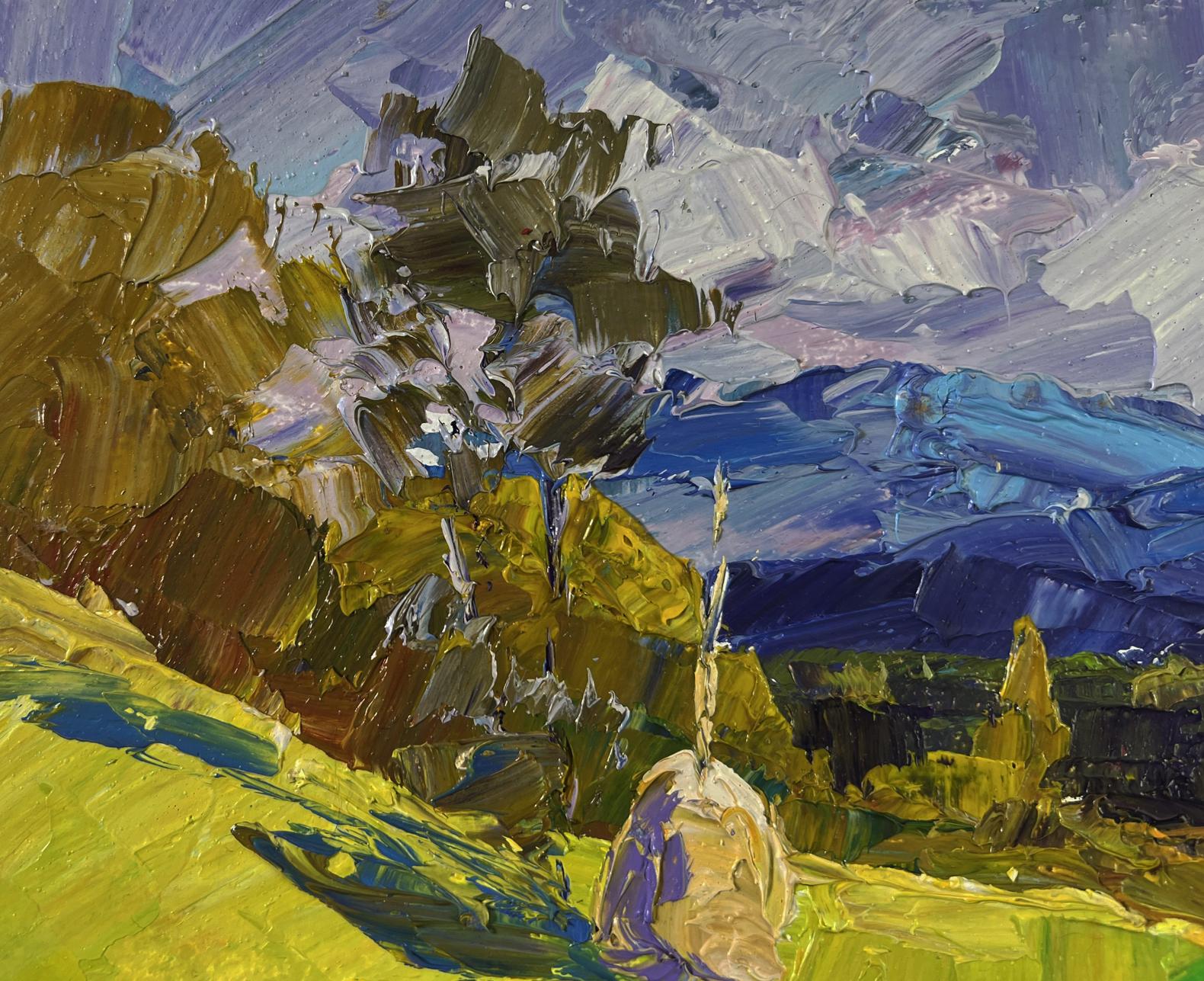 Textured impressionist oil painting of haystack in mountains by Boris Serdyuk
