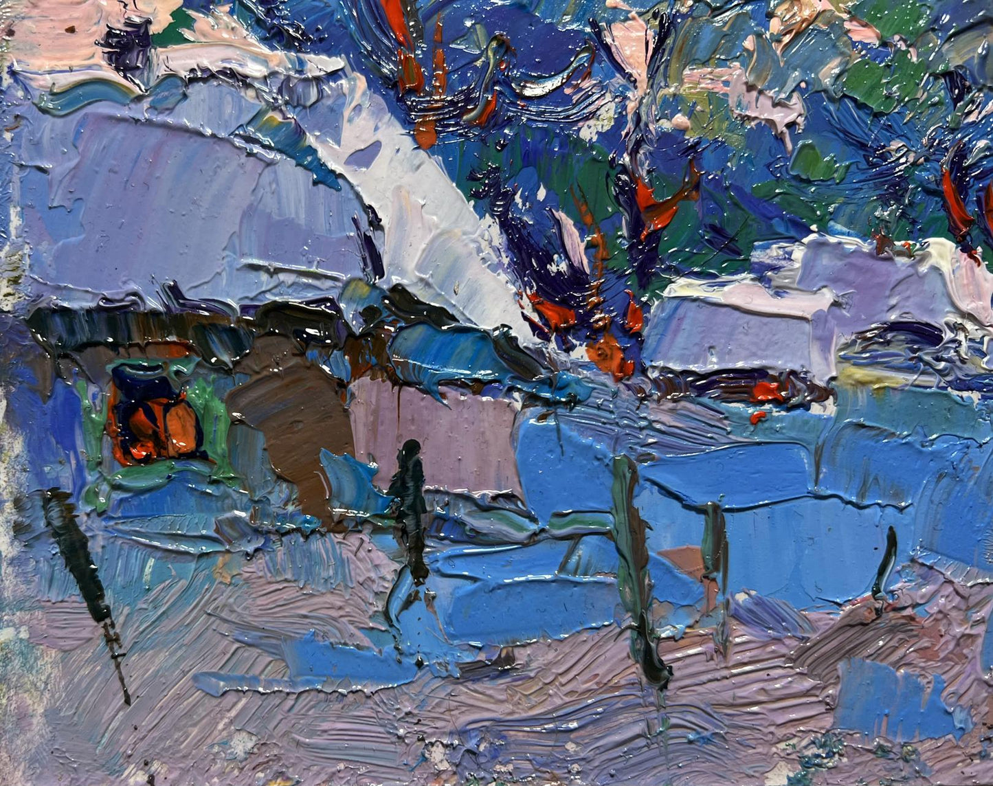 Oil painting Snowy village by Oksana Ivanyuk with vibrant textured brushstrokes
