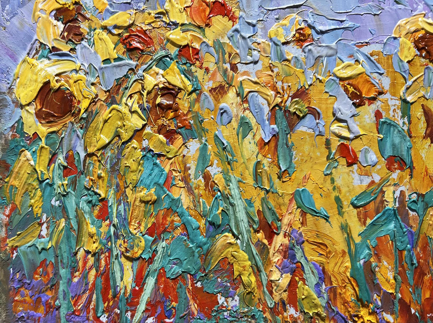 Vibrant oil painting To the Sky by Oleksiy Ivanyuk with textured sunflowers
