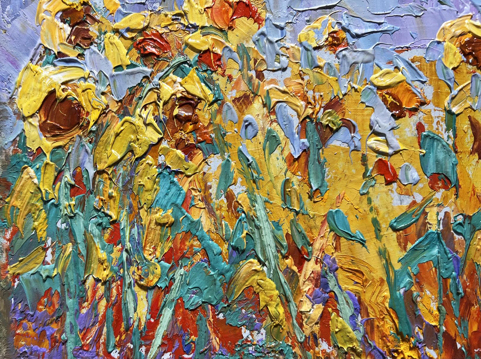 Vibrant oil painting To the Sky by Oleksiy Ivanyuk with textured sunflowers