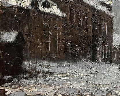 Textured oil painting Resurrection Ascension by Volodymyr Pashchenko, snowy building