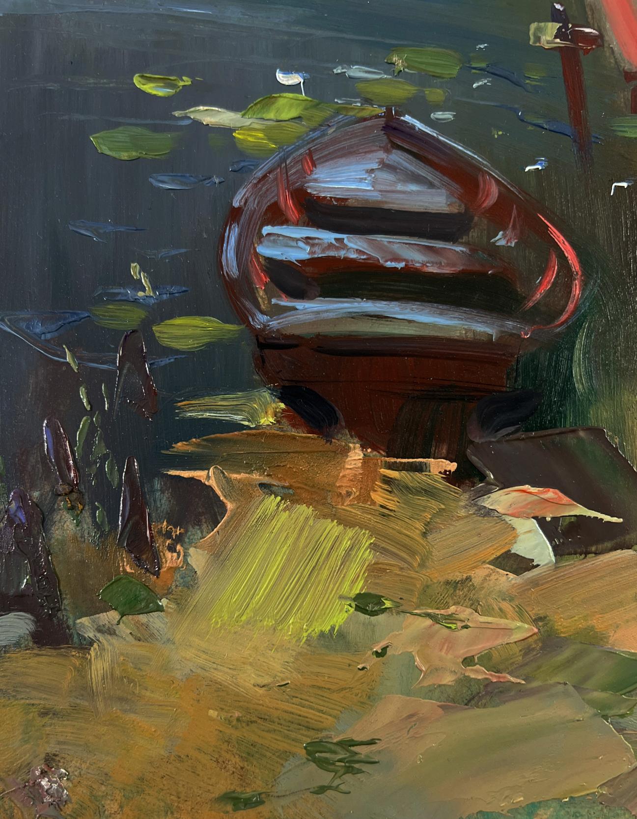 Oil painting by Yuriy Suprunchuk: red rowboat on dark water amid lily pads