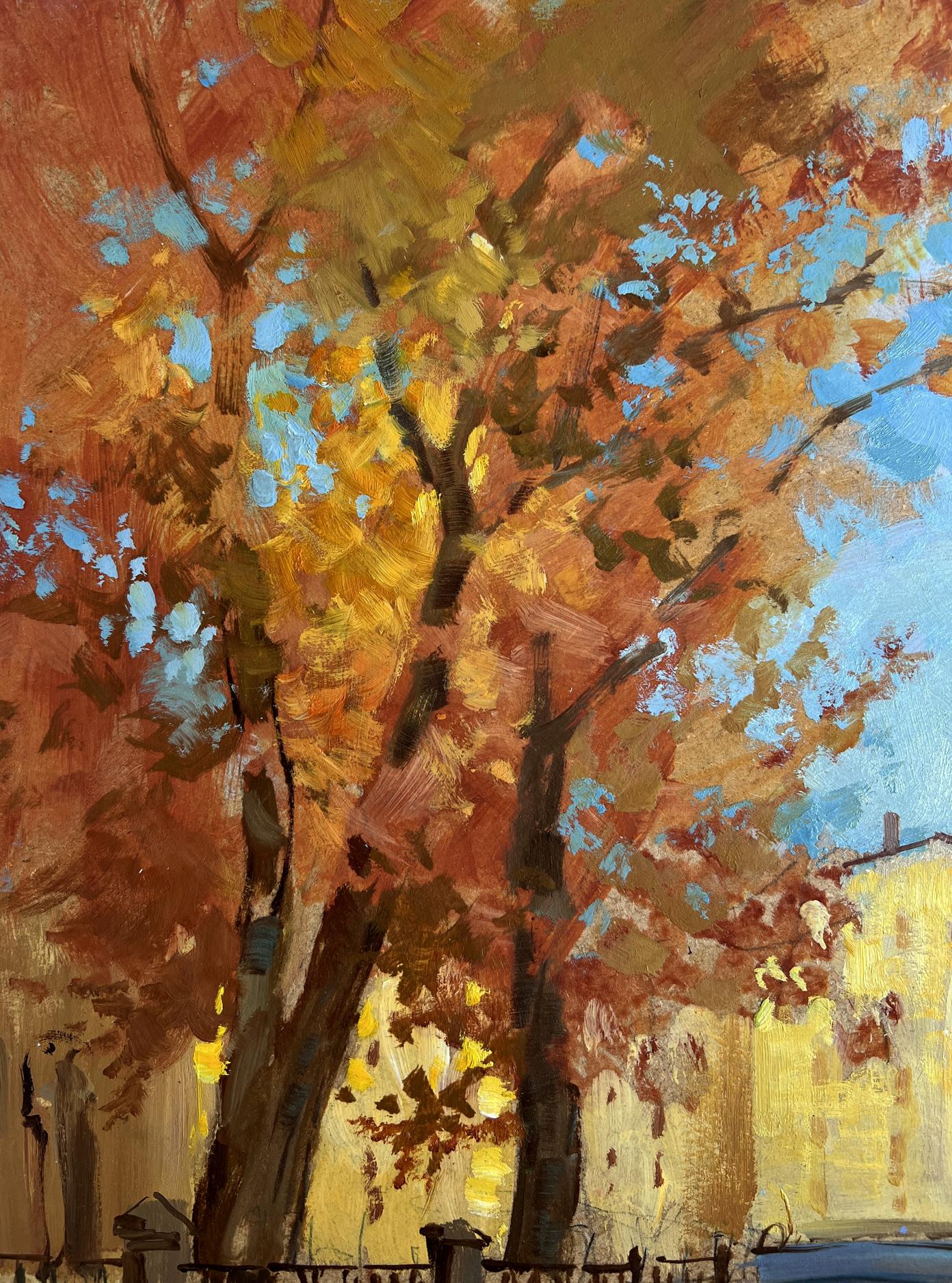 Autumn bridge oil painting by Yuriy Suprunchuk with vibrant orange tree
