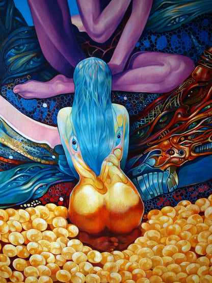 Vibrant oil painting Brahmajyoti by Konsta G. Amelinn with blue-haired golden figure in gold coins