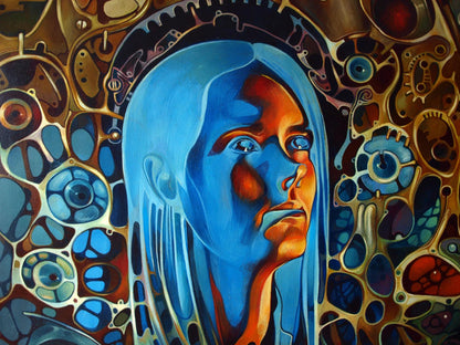 Surreal oil portrait Thirteenth unpaired Konsta G. Amelinn in blue orange golds