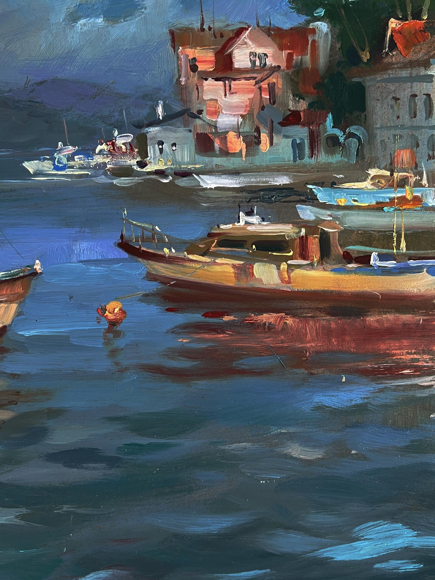 Oil painting of wooden river boat near shore by Yuriy Suprunchuk