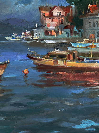 Oil painting of wooden river boat near shore by Yuriy Suprunchuk