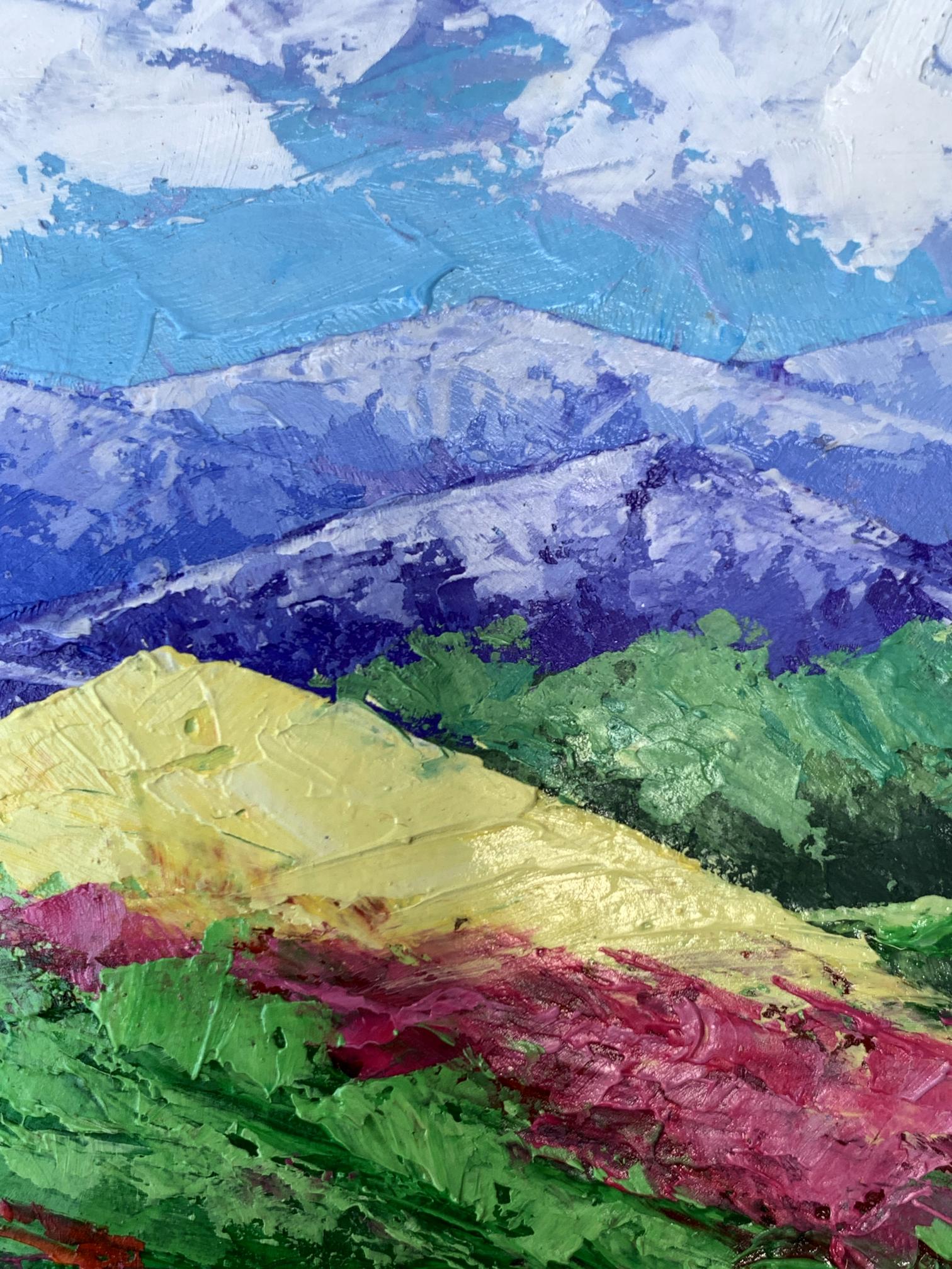 Vibrant impressionist oil painting of mountains and clouds by V. Zadorozhnya
