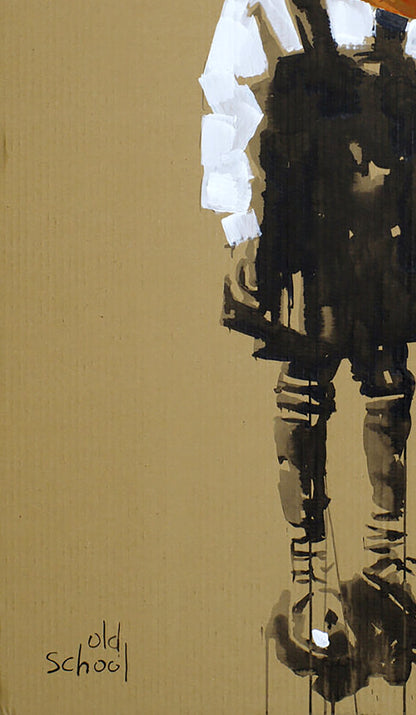Abstract black and white figure acrylic painting by Dima Filatov on tan background