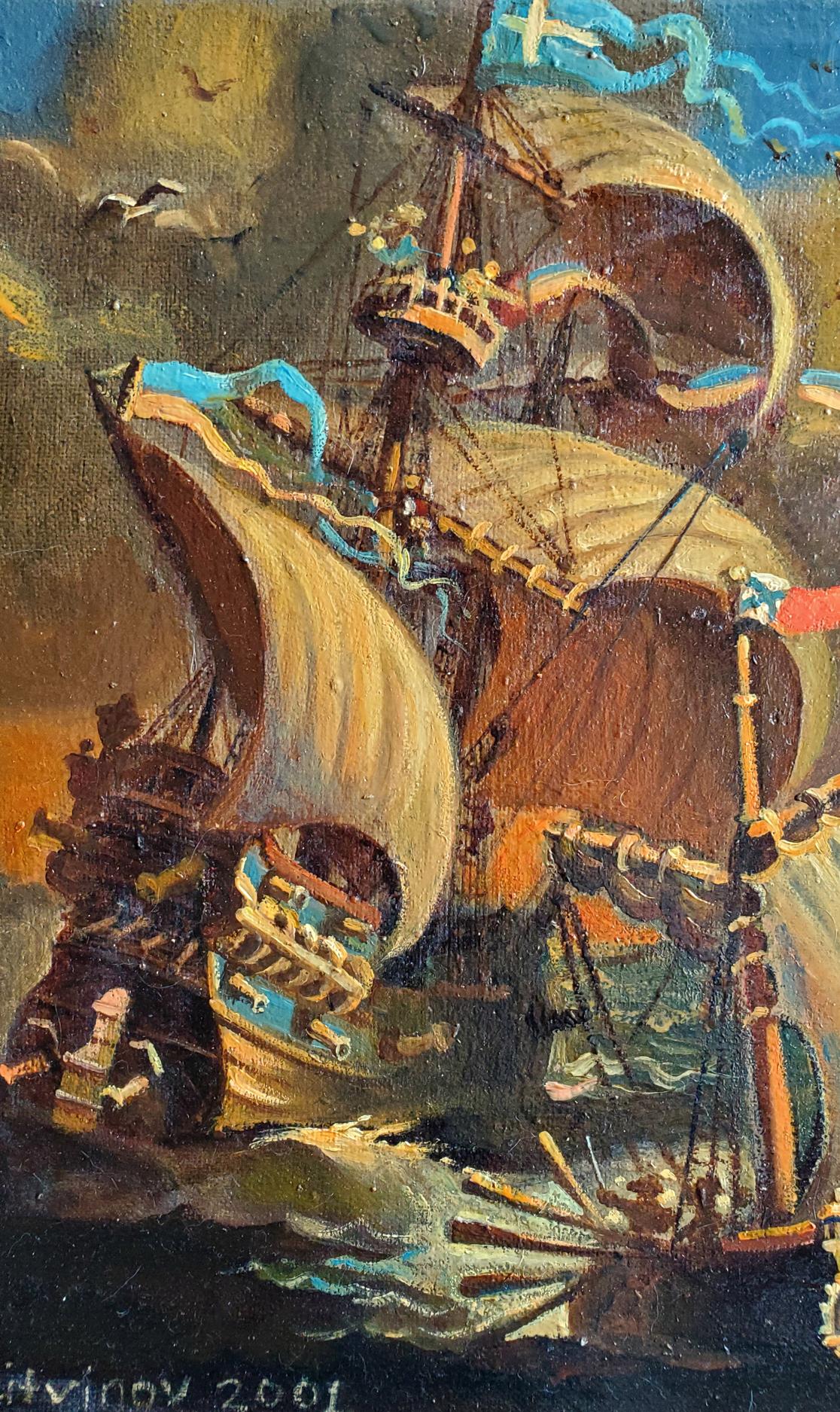 Oil painting Capture the ship by Daniil Litvinov, vibrant sailing ship
