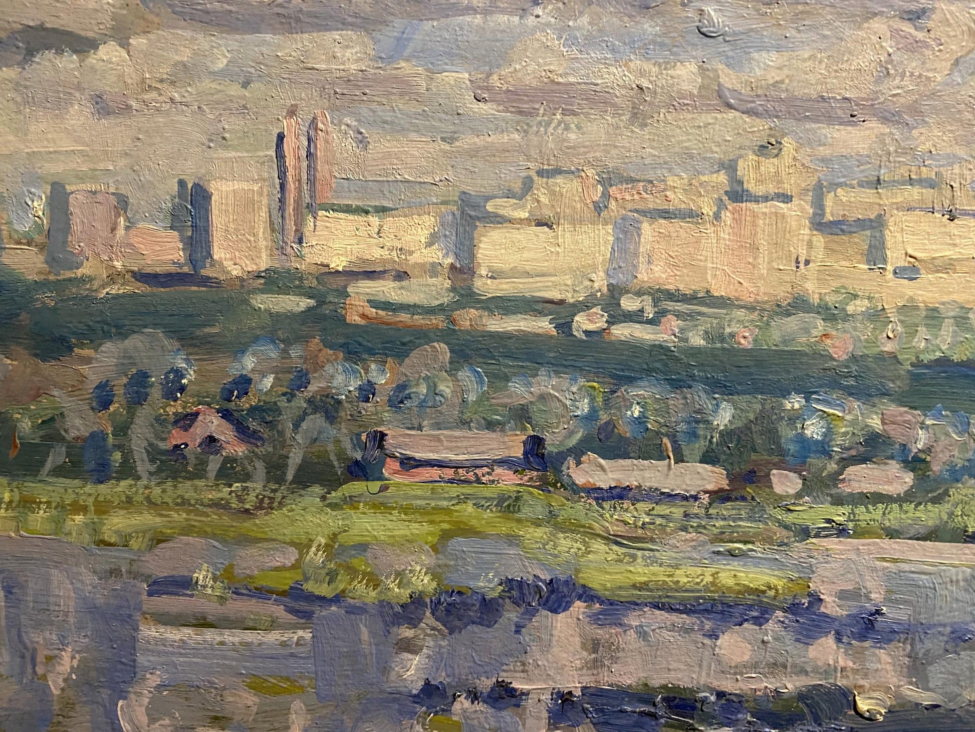 Impressionistic oil painting of sunlit White houses by Georgy Kolosovsky