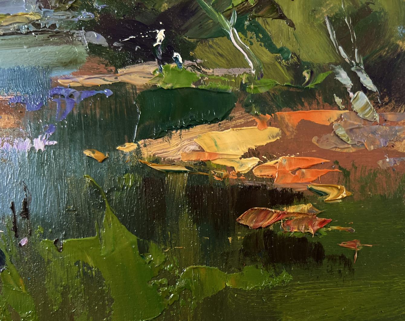 Vibrant impressionist oil painting of river with boats by Yuriy Suprunchuk