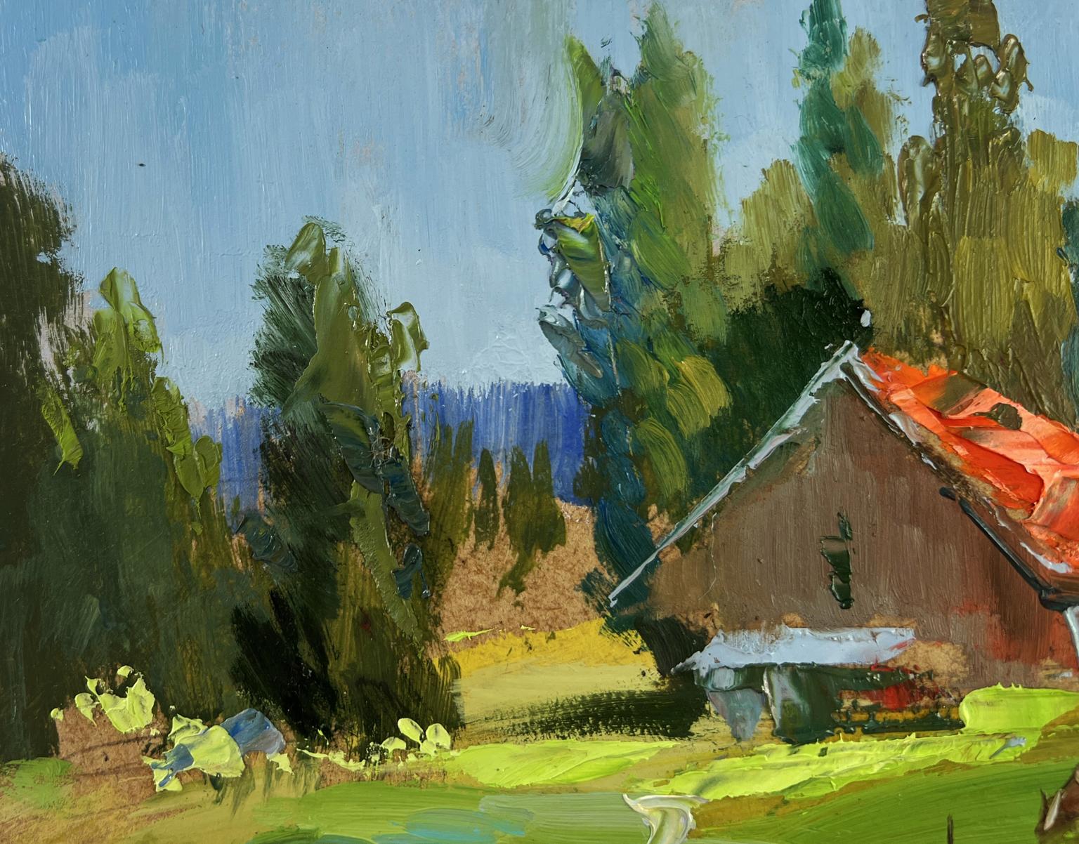 Oil painting by Yuriy Suprunchuk: rustic barn with red roof amid green trees