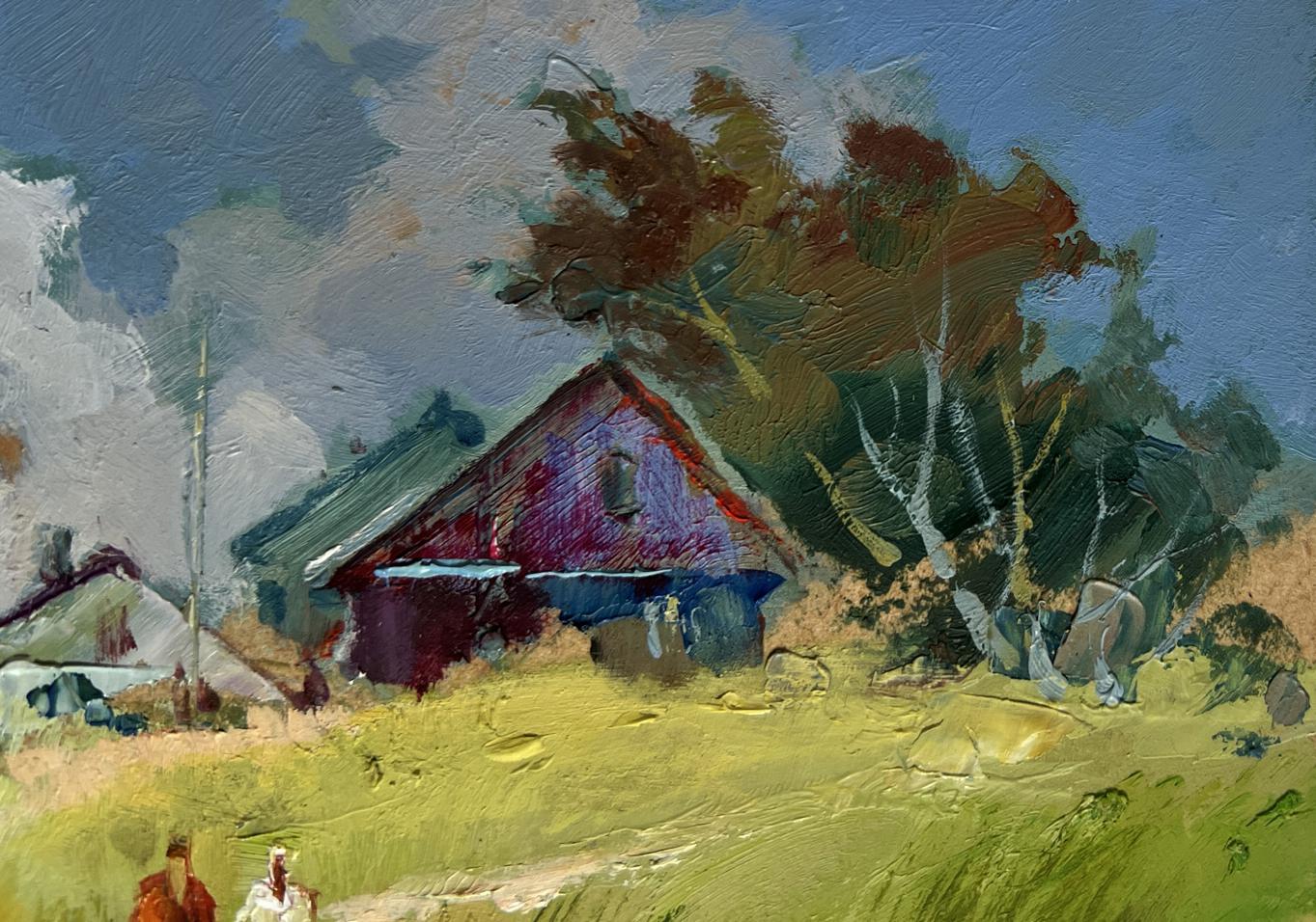 Vibrant impressionistic oil painting by Yuriy Suprunchuk of rustic house in autumn trees