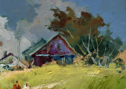 Vibrant impressionistic oil painting by Yuriy Suprunchuk of rustic house in autumn trees