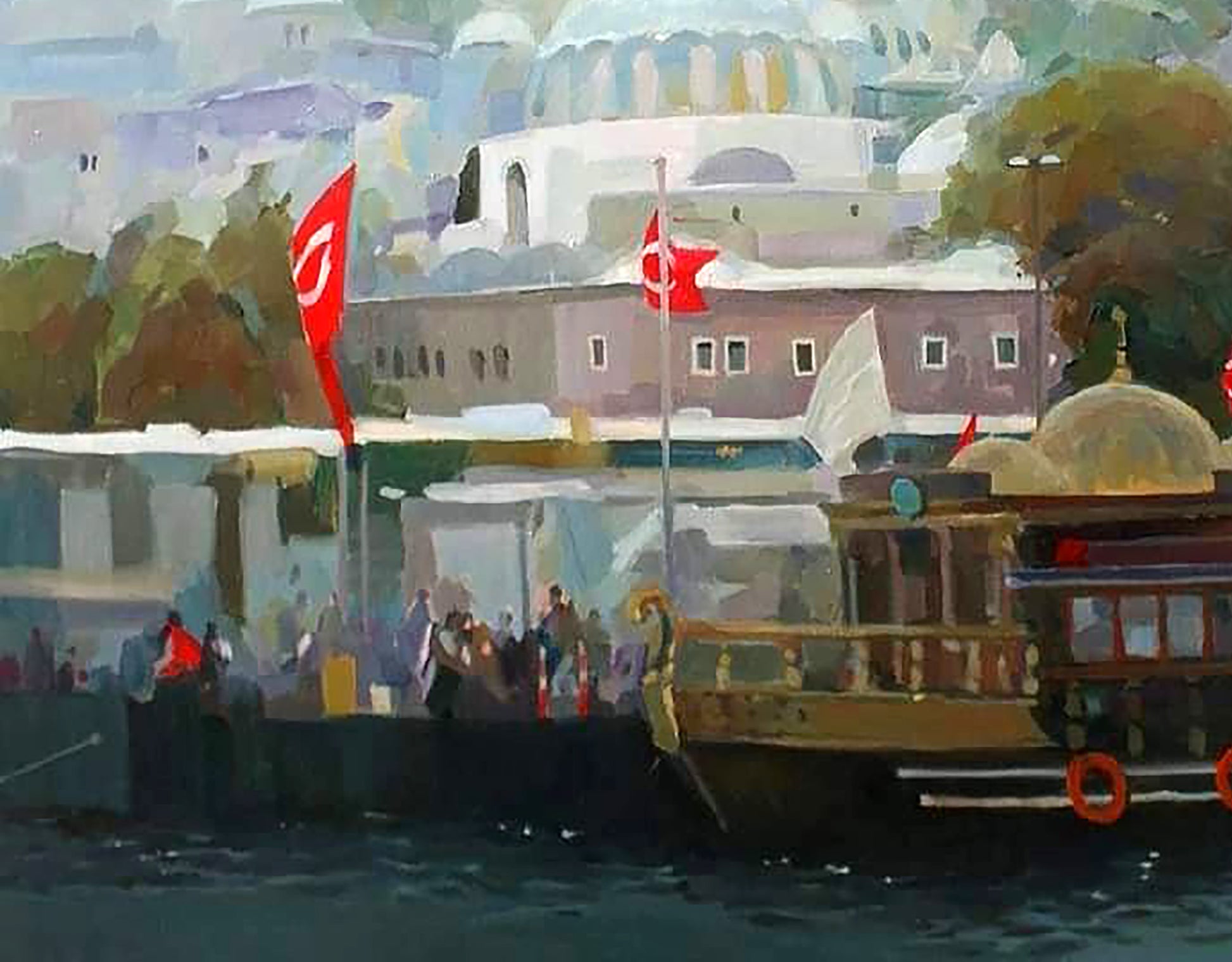 Oil painting Silver day by Anastasia Yaroshevich: wooden boat with golden dome
