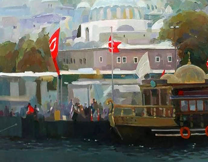 Oil painting Silver day by Anastasia Yaroshevich: wooden boat with golden dome