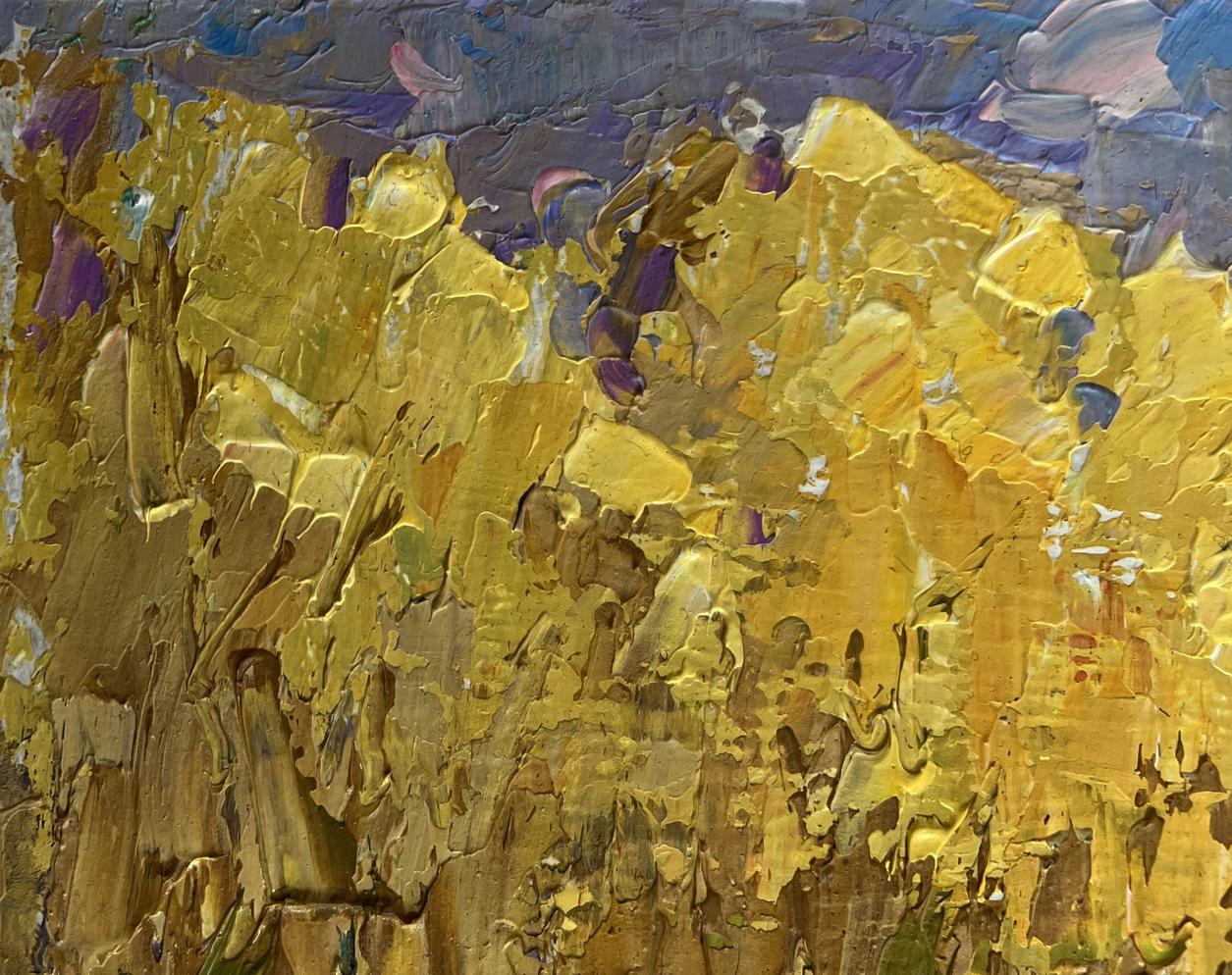 Oil painting On the autumn lake by Oleksiy Ivanyuk in golden-yellow and purple impasto