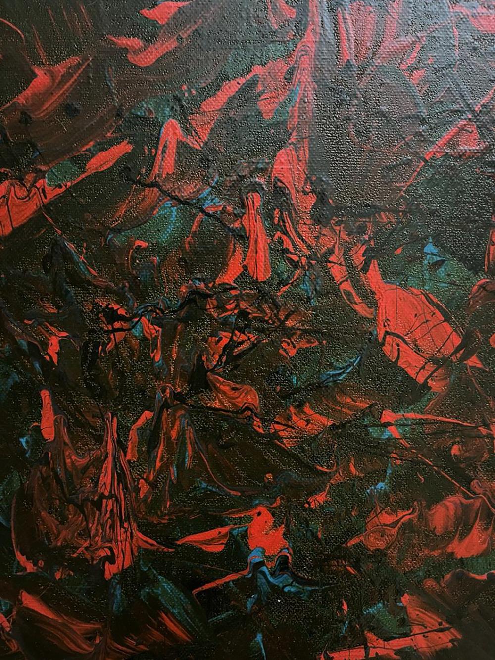 Oil painting Search for truth by Serhiy Kovalev with red teal brushstrokes