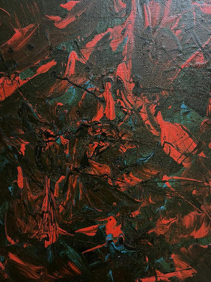 Oil painting Search for truth by Serhiy Kovalev with red teal brushstrokes