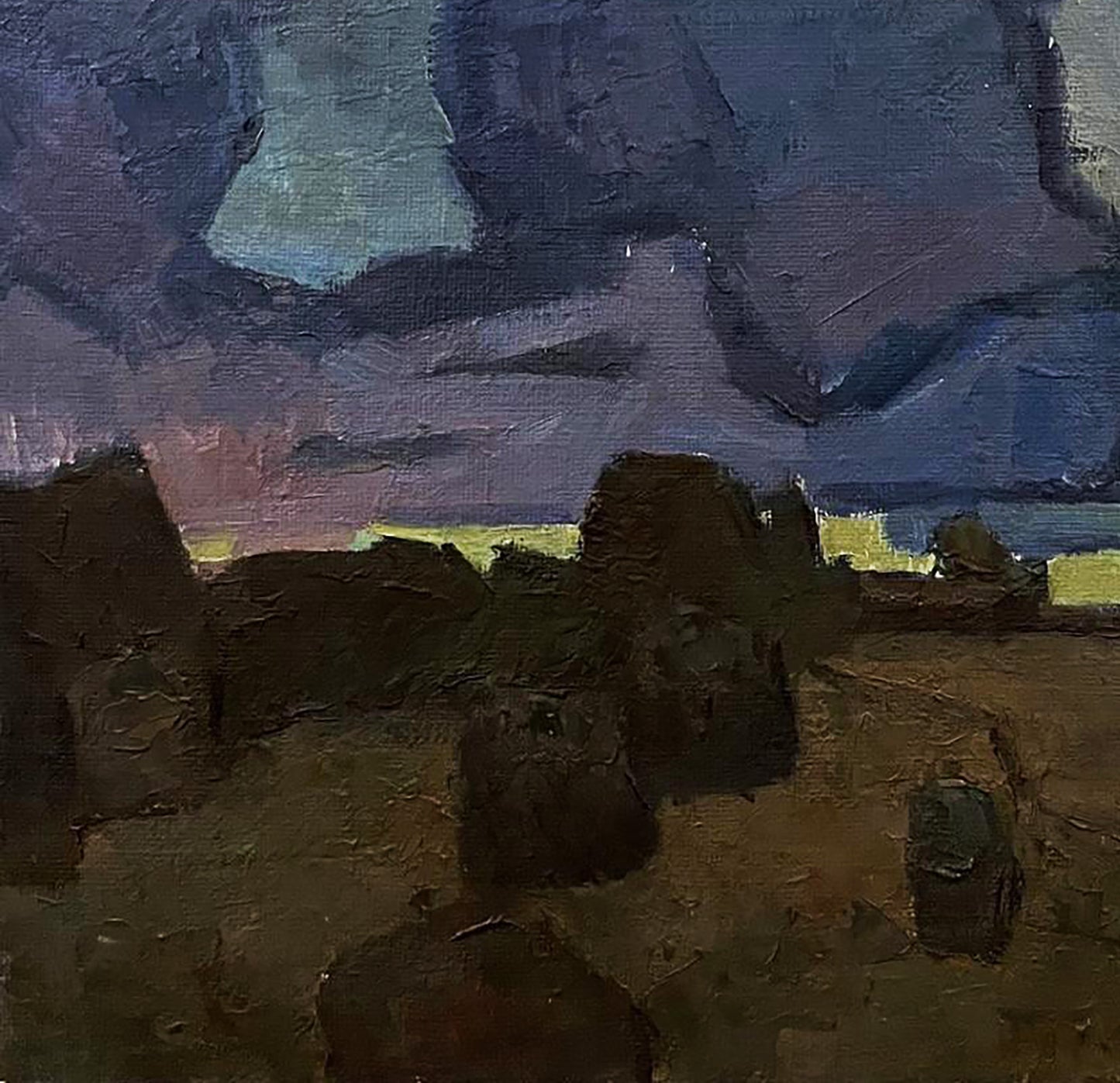 Oil painting Evening stacks by Oleksandr Andreev moody coastal landscape