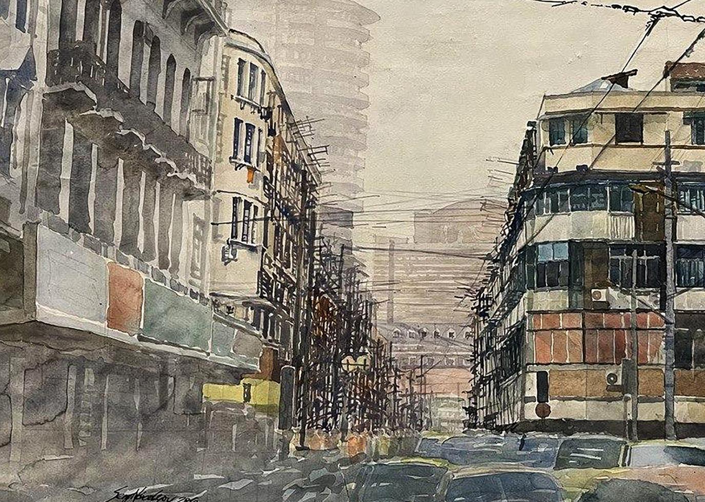 Watercolor painting of Shanghai street by Serhiy Kovalev