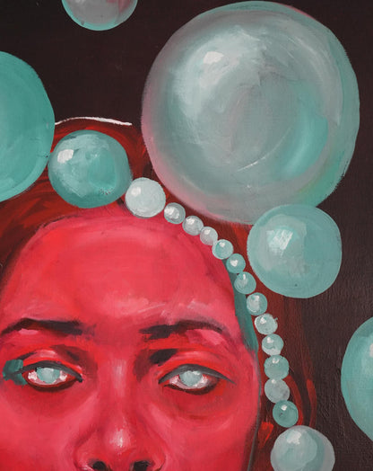 Oil painting Enforced Silence by Victoria Kagalovska: red face, turquoise eyes, teal beads