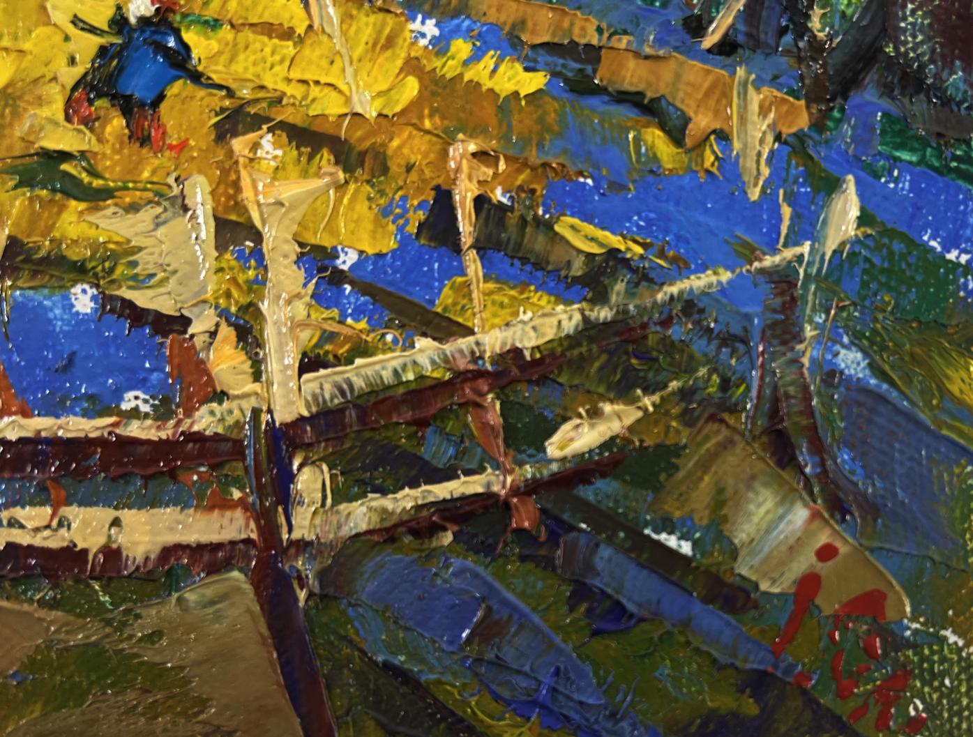 Vibrant Oleksiy Ivanyuk oil painting Village evening tranquility in yellow blue