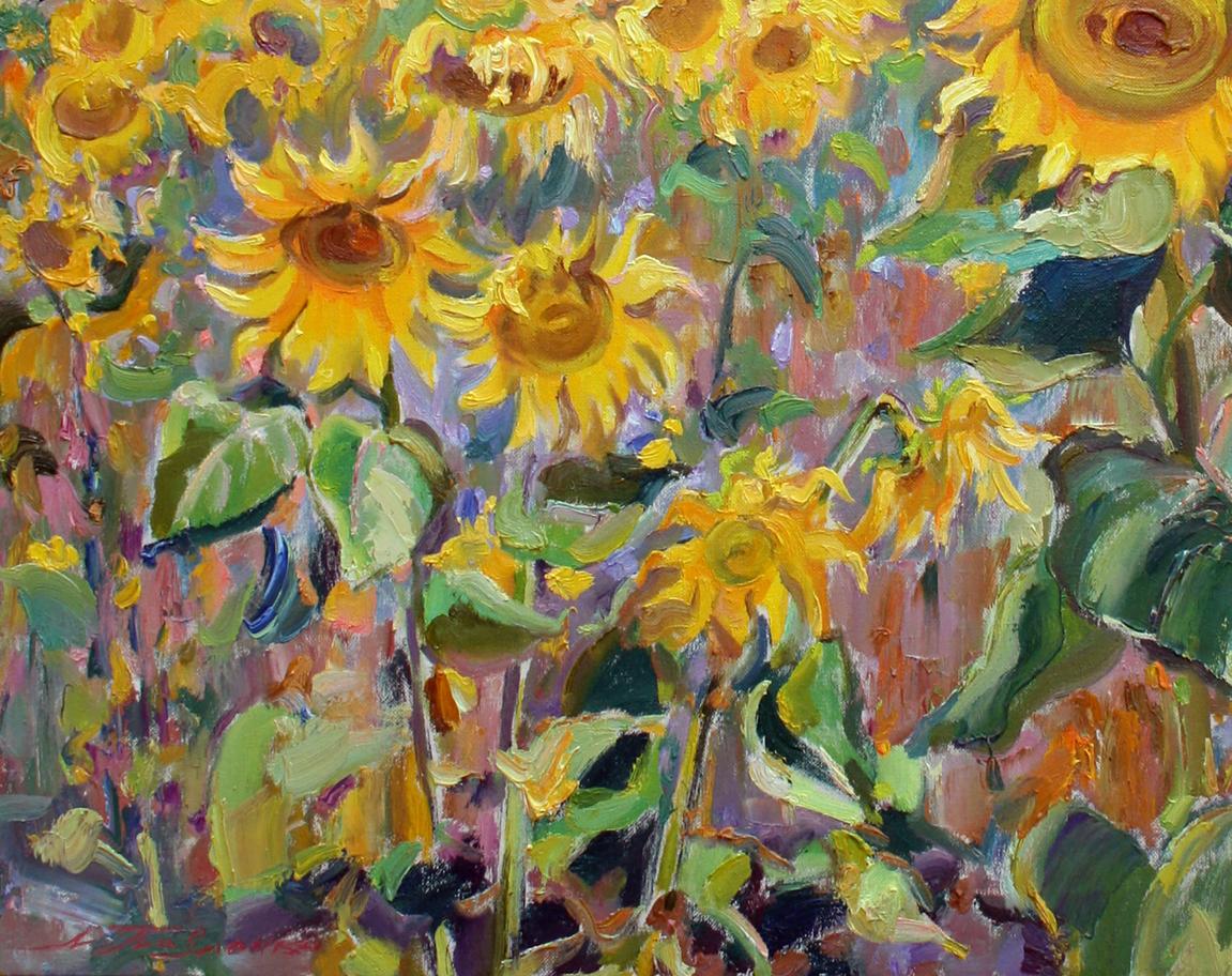Vibrant sunflower field oil painting by Leonid Pavlenko in impasto style