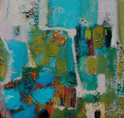Abstract turquoise green ochre oil painting May blossoms by Tatyana Shulyak
