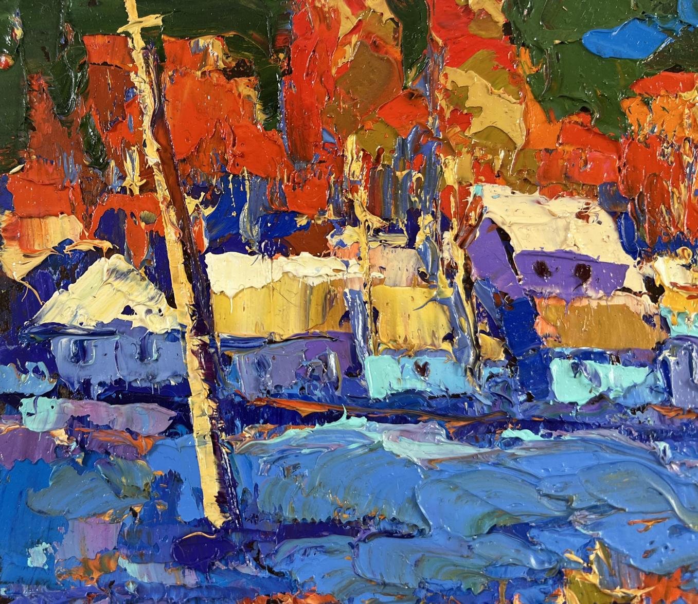 Vibrant impressionist oil painting of snowy village at sunset by Oleksiy Ivanyuk