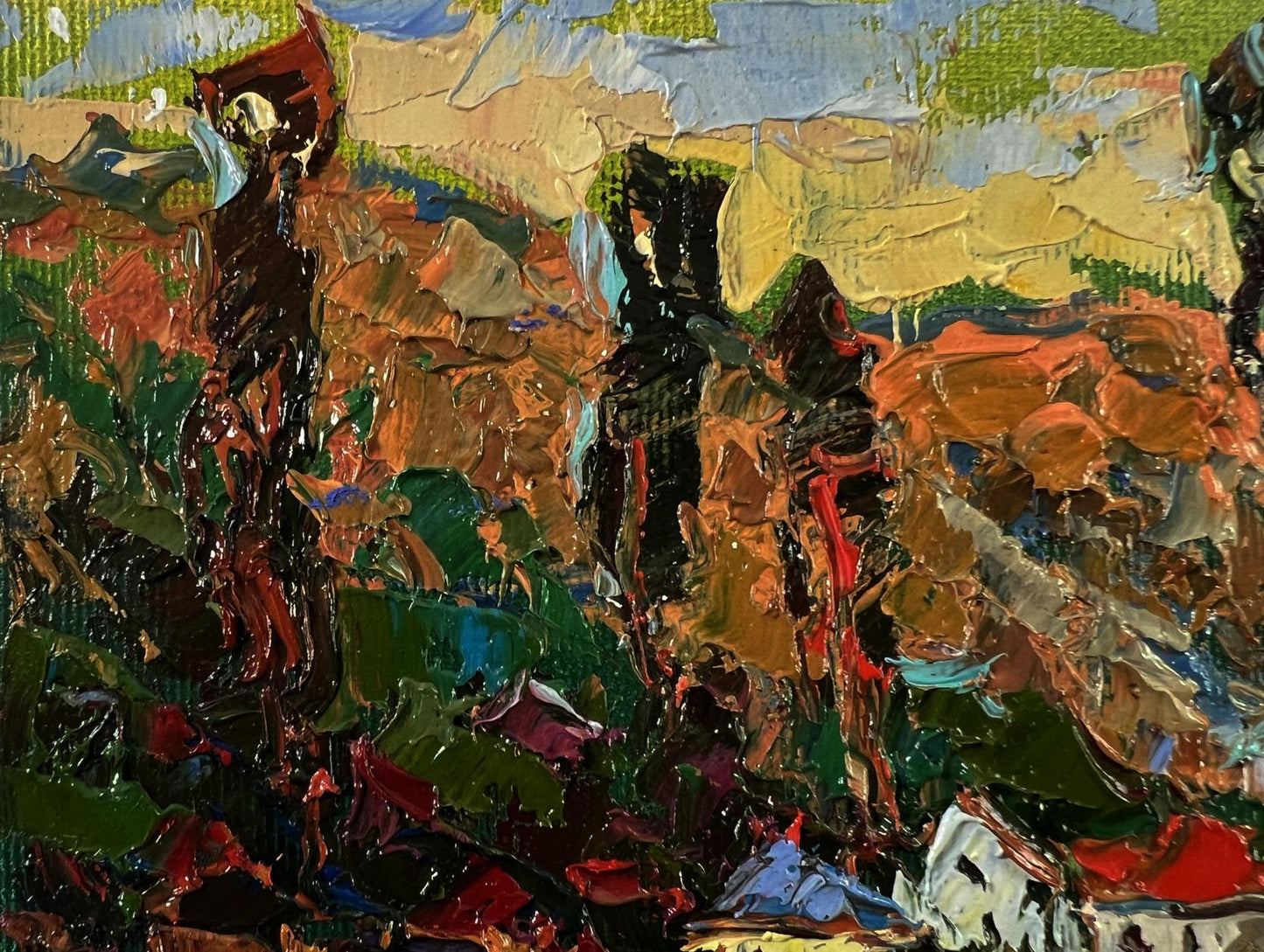 Vibrant oil painting of walking around village lake by Oksana Ivanyuk