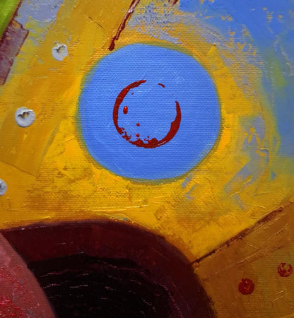 Oil painting In the Arena by Sergiy Voichenko: blue circle with red crescent on yellow orange textured strokes
