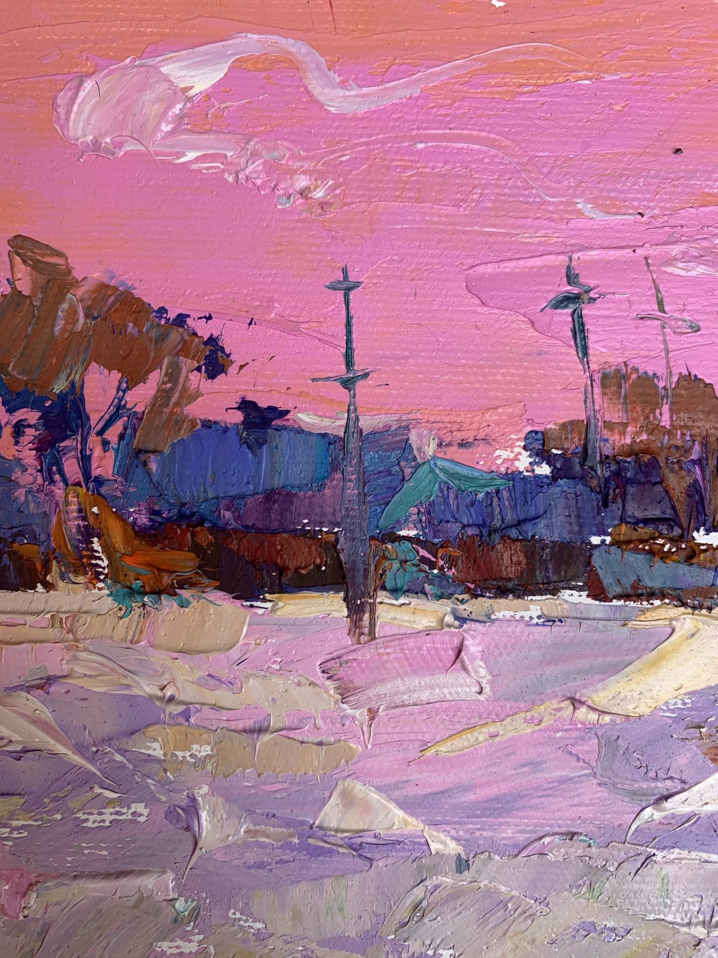 Oil painting It snowed in the evening by Oksana Ivanyuk harbor scene